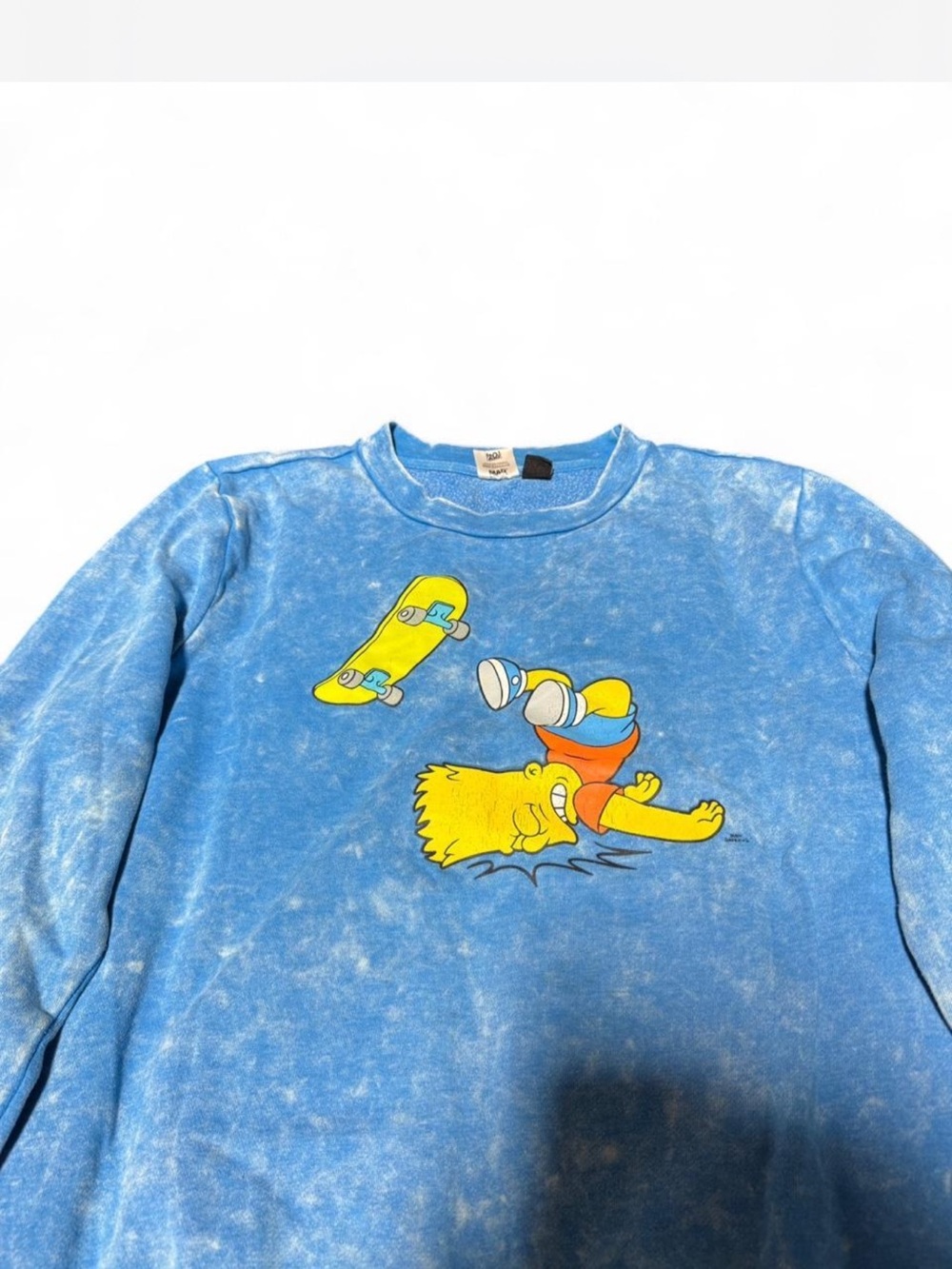 The Simpsons Bart Headplant Skateboarding Blue Acid Wash Sweatshirt Mad Engine